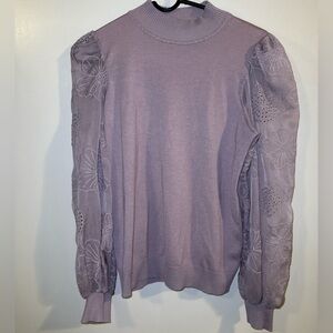 2/$35 Romantic Fairycore Size L Mock Neck Sheer Embroidered Puff Sleeve Sweater